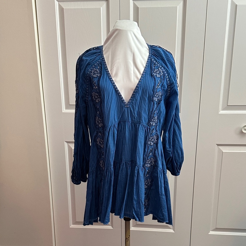 Free People Blue Embroidered Blouse